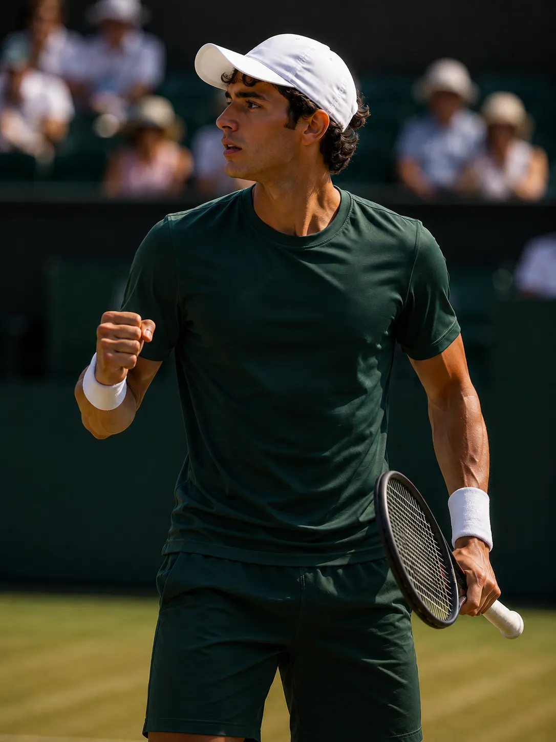 A player celebrating a point on a grass court